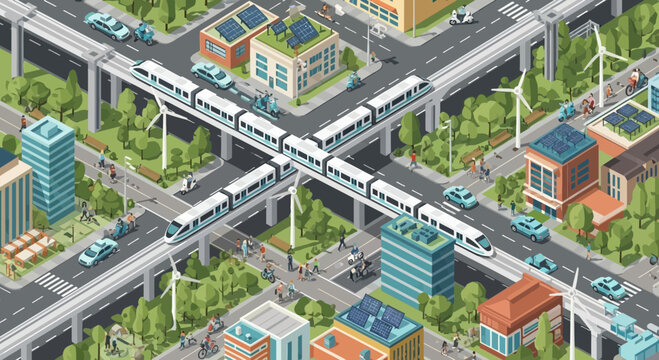 Isometric Smart City with Maglev Train, Sustainable Buildings, and Eco-friendly Transport