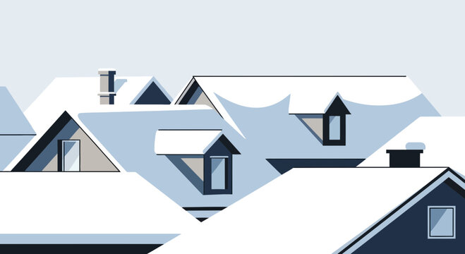 Minimalist Winter Rooftops Covered in Snow, Cozy Townscape Illustration