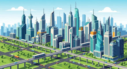 Obraz premium Futuristic Cityscape with Skybridges, Monorails, and Green Spaces