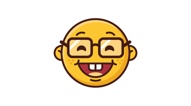 Funny geek emoji face with glasses and buck teeth, smiling and happy, cartoon style