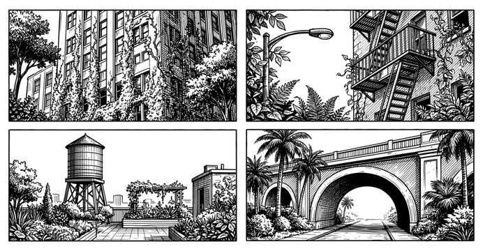 Urban cityscape sketch set with rooftop garden fire escape bridge
