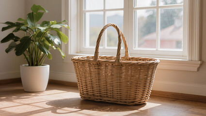 Fototapeta premium Woven Wicker Basket with Houseplant by Sunny Window