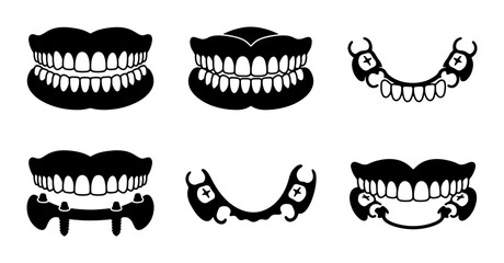 Dental Prosthetics Set, Denture Icons, Artificial Teeth Graphics, Oral Health Equipment Vector Collection © Mahiya