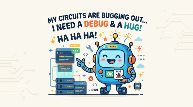 Cute robot debugging code, needs a hug, programming humor, tech support, software development