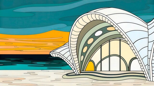 Building with curved roof on beach at sunset over water and sky