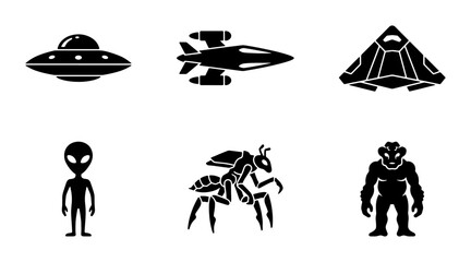 Sci-Fi Icons: UFO, Spaceship, Alien, and Futuristic Creatures Vector Set for Cosmic Exploration and Extraterrestrial Themes © Mahiya