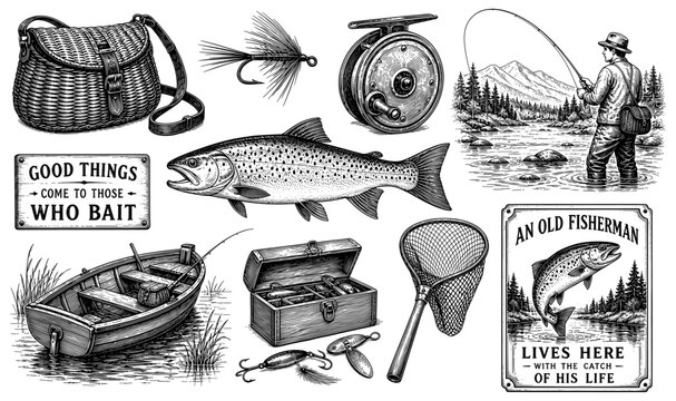 Vintage Fly Fishing Set With Trout, Reel, Rod, Boat And Tackle Box