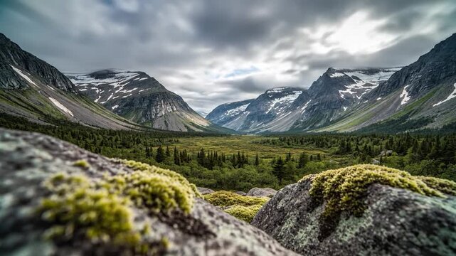 Majestic mountain valley landscape with snowy peaks and lush green forest under a dramatic cloudy sky