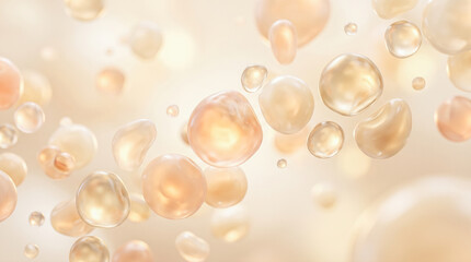 Fototapeta premium Floating golden cosmetic oil serum droplets against soft luminous blurred background, luxury skincare beauty product concept featuring translucent liquid floating fluid bubbles
