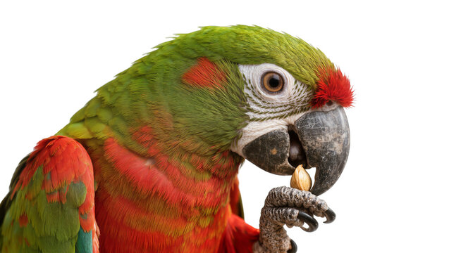 Green and red macaw parrot eating a nut