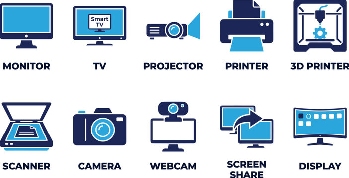 Digital hardware icon set featuring monitor tv projector printer 3d printer scanner camera webcam screen share.