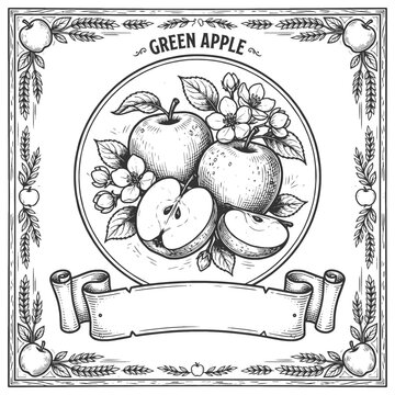 label design featuring apple, fig leaves, ornate border, and blank banner for jam packaging sketch engraving generative ai vector illustration. Scratch board imitation. Black and white image.