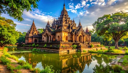 Obraz premium Ornate Ancient Temple Reflecting in Peaceful Pond Among Lush Tropical Garden
