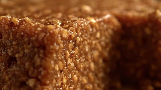 Macro close-up of rich caramelized nut brittle or halva confectionery square, showing detailed texture and sugar crystals