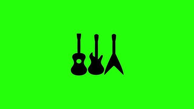 Premium 4K motion graphic of three distinct guitar silhouette styles aligned as a genre selection menu bouncing. Clean asset for audio player dashboard.