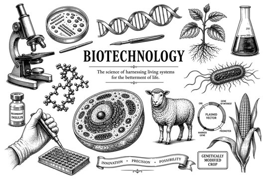 Biotechnology vintage set with microscope dna cell and sheep