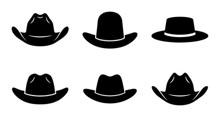 Set of Six Black Cowboy Hats, Western Headwear Silhouettes, Iconic American Style Accessories, Vector Icons for Country Music and Rodeo Themes © Shakib