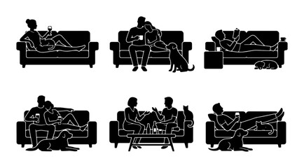 Obraz premium Cozy Home Life Silhouettes: Couples, Pets, Relaxation, 6 Vector Icons Set, Black & White
