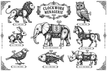Obraz premium Clockwork menagerie vintage set with mechanical lion elephant and horse
