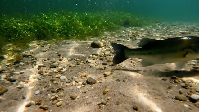 Underwater view of a large bass swimming near a sandy lakebed with small rocks and aquatic plants