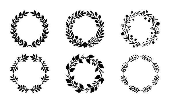 Set of 6 Black Botanical Wreaths, Decorative Floral Circles, Elegant Leafy Frames, Vintage Laurel Borders for Invitations and Design