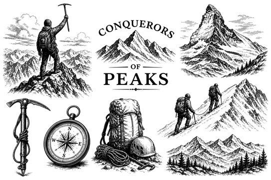 Mountaineering conqueror vintage set with mountain climber and equipment