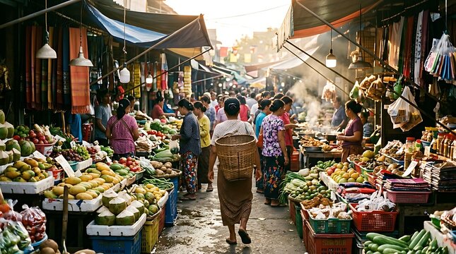 Busy Southeast Asian Street Market with Fresh Produce and People