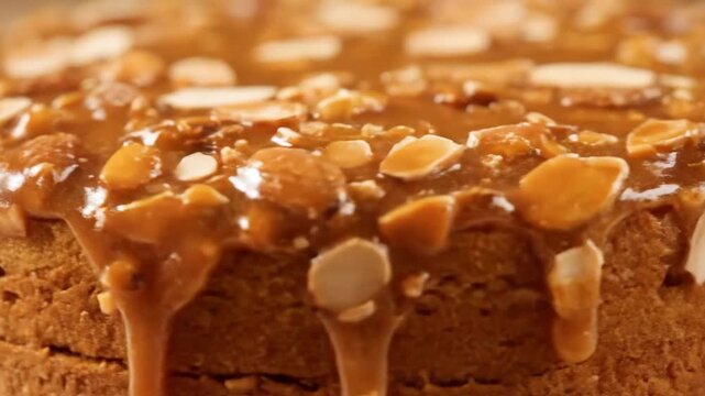 Macro close-up shot of luxurious caramel cake covered in sliced almonds with thick, glossy toffee sauce dripping down the side, emphasizing rich texture and decadent dessert.