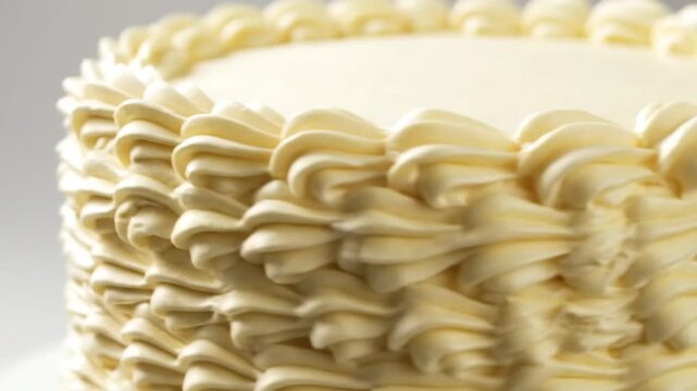 Detailed view of creamy vanilla buttercream frosting piped texture on the side of a round layer cake, perfect for wedding, birthday, or celebration desserts.