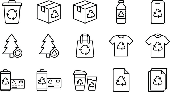 Recycling symbols for trash cans boxes bottles trees bags shirts batteries cups paper and plastic waste items.
