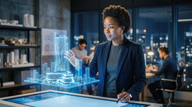 Focused professional black female architect analyzing futuristic transparent holographic building model projected onto interactive digital table inside dark modern design studio
