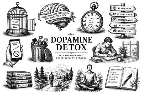 Dopamine detox vintage set with brain smartphone clock and meditation
