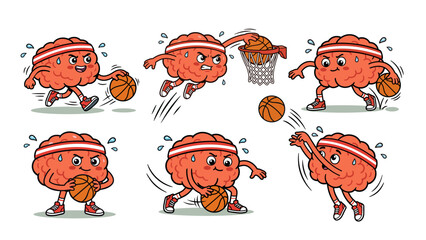 Cute Brain Basketball Player Mascot Vector Set with Dribbling, Dunk and Shooting Actions © Sri Rejeki