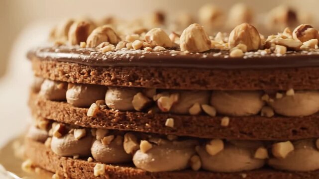 Close-up of a gourmet layered chocolate and hazelnut cake, featuring chocolate ganache, piped mocha cream filling, and a generous topping of whole hazelnuts and powdered sugar.