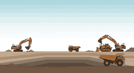 Construction Site with Excavators, Dump Trucks, and Bulldozer Working © Dayat