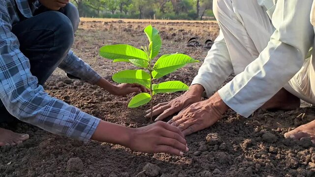 Grandfather and grandson planting a young sapling together. Environmental conservation and family legacy concept
