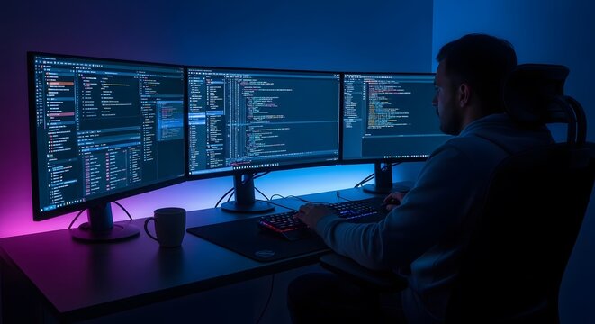 software developer coding on triple monitors in dark office with neon lighting and futuristic workspace