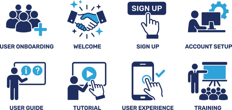 User onboarding and digital customer experience blue icon set with signup tutorial and training elements.