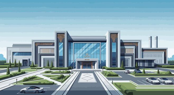 Modern Pixel Art Building Architecture Exterior, Corporate Office Facade, Cars Parked