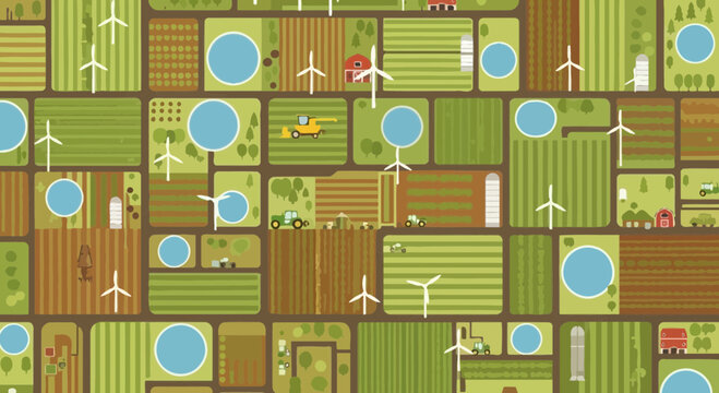 Aerial View of Sustainable Farmland with Wind Turbines and Tractors, Top-Down Perspective