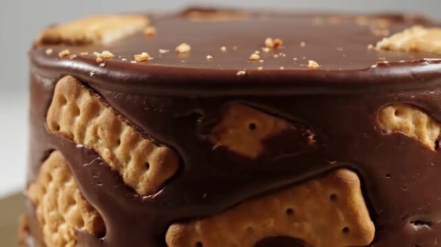 Luxurious chocolate torte or cake covered in thick, melting chocolate ganache and decorated with crunchy rectangular biscuits, showcasing rich dessert texture and indulgence.