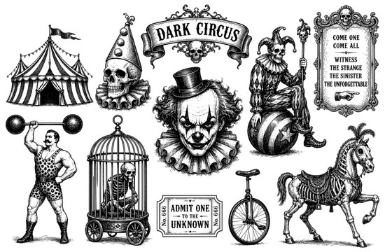 Dark circus carnival vintage set with sinister clown tent and skull