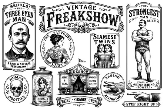 Vintage freakshow carnival set with strongman and human oddity
