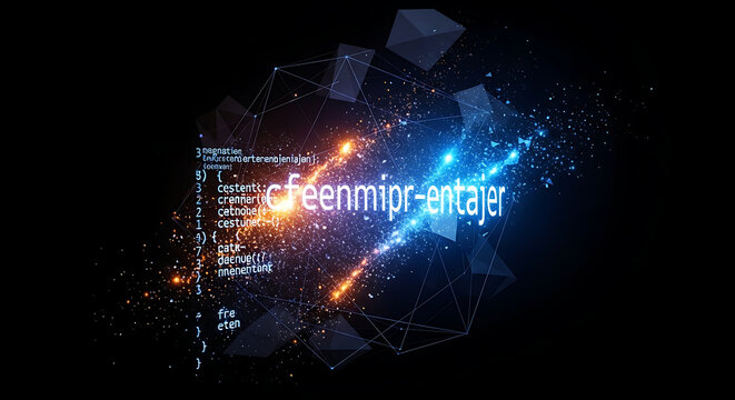 Abstract digital background with glowing particles, geometric network lines and programming code