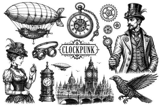 Clockpunk vintage steampunk set with zeppelin watch man and city