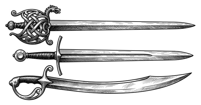 Antique medieval sword vintage set with rapier and saber
