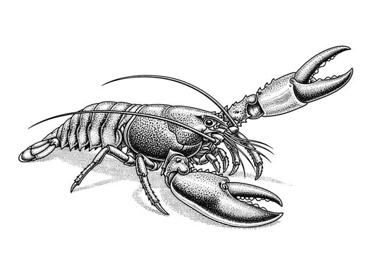 Antique engraving style lobster in side view with realistic anatomy and fine line details, vector artwork