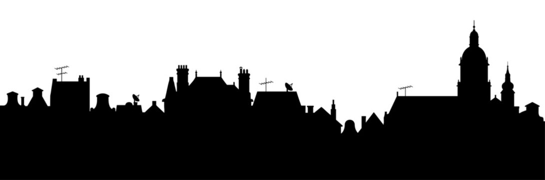 Old city skyline silhouette with roof chimney and church tower