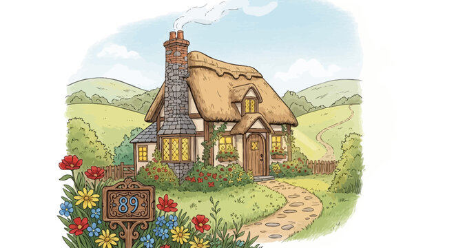 Charming Cottage with Thatched Roof, Garden, and Rolling Hills