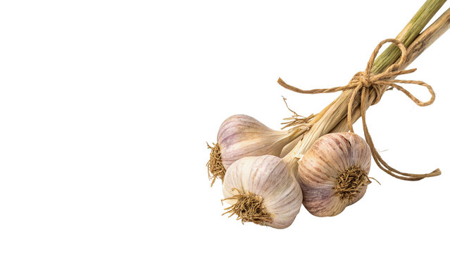 Bunch of fresh organic garlic bulbs tied with a natural string isolated on transparent background cut out